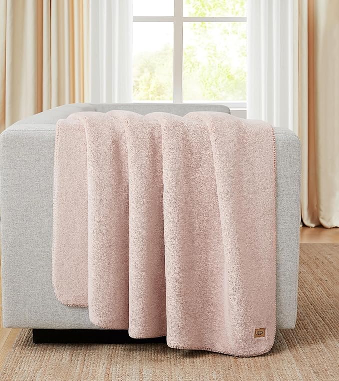 UGG Whitecap Plush Throw Blanket Fleece Lightweight Soft Throw for Couch or Bed Luxury Home Decor for Living Room Washable Hypoallergenic Blankets for Dorm Decor, 50-inch x 70-inch, Light Pink Quartz