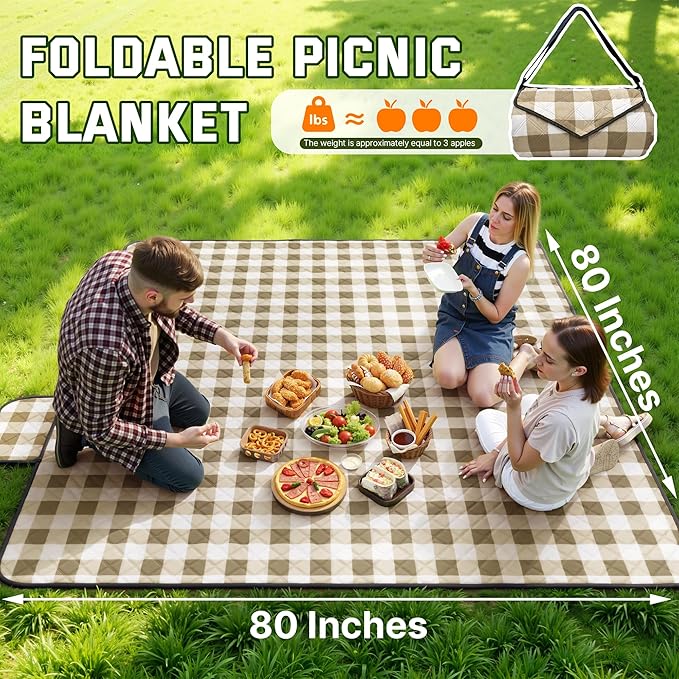 TigeJoy Extra Large Picnic Blanket Waterproof Foldable 60''x80'', Outdoor Picnic Mat Beach Blanket Sandproof for Park, Grass, Travel, Hiking, Camping Essentials, Gingham Picnic Blanket