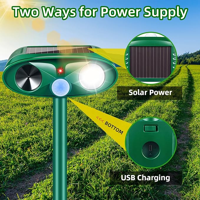 2025 Upgraded Solar Animal Repellent Outdoor Cat Deterrent Deer Repellent Devices with Motion Sensor & Flashing Light,Ultrasonic Control for Squirrel Raccoon Dog Rabbit Skunk for Yard Garden,4 Pack