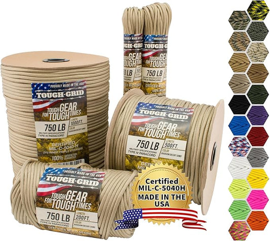 TOUGH-GRID Paracord Rope 750 lbs Nylon Parachute Cord, Made in USA Survival Kit, Outdoor Adventures, Camping, Tactical Gear & Emergency Supplies, Military Type IV Mil-Spec