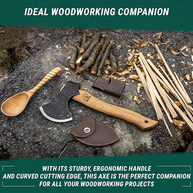 BeaverCraft Bushcraft Hatchet with Sheath for Camping AX3 - Small Wood Carving Axe - Forged Axes for Chopping - Forest Backpacking Hatchet with Wooden Handle - Firewood Splitting Axe, Gardening Axes