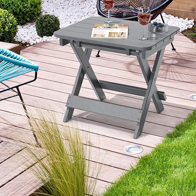 TORVA Outdoor Adirondack Foldable Side Table,Patio End Table for Poolside Garden, Weather Resistant Coffee Table -Plastic High-Density PE（Gray Color-floldable