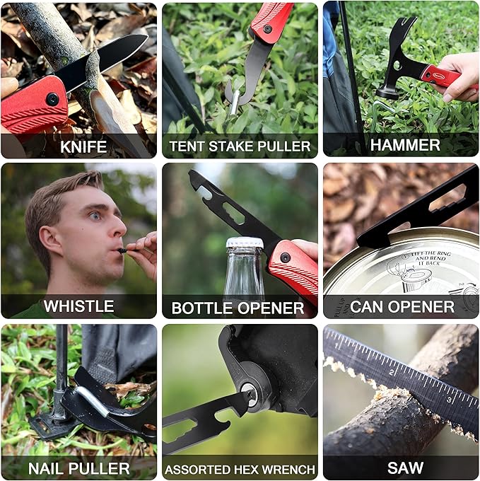 RoverTac Multitool Camping Hammer, 13-in-1 Survival Tool with Knife, Saw, Whistle, Fire Starter & More - Compact Gear for Camping, Hiking, Outdoors - Perfect Gifts for Men, Dad, Stocking Stuffers