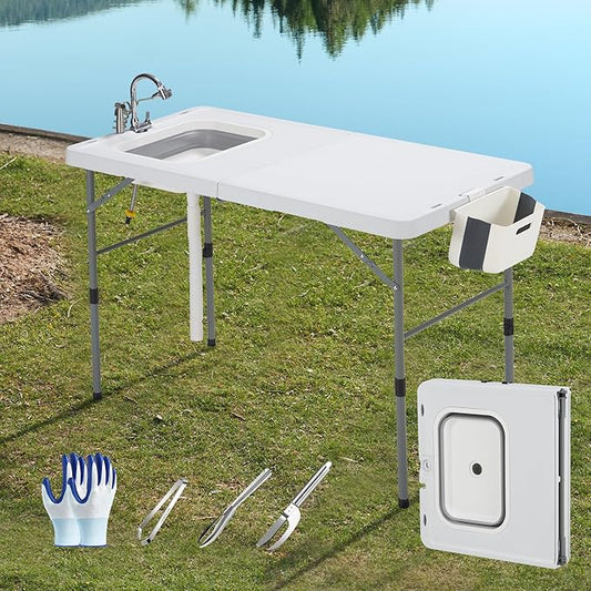 AHB 50" Folding Outdoor Fish Cleaning Table with Sink, Camping Kitchen Station Collapsible Faucet & Stainless Sprayer with 4pcs Fish Cleaning Kit for Camping, Picnic, Beach & Patio