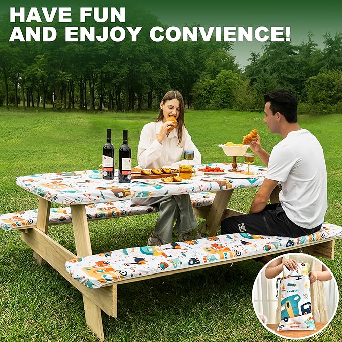72 X 30 Inch Elastic Fitted Camping Table Cover with Bench Covers & Storage Bag, Picnic Tablecloth, Fits 6ft Picnic Tables, Polyester, Washable, Spill Resistant, Waterproof - Dino