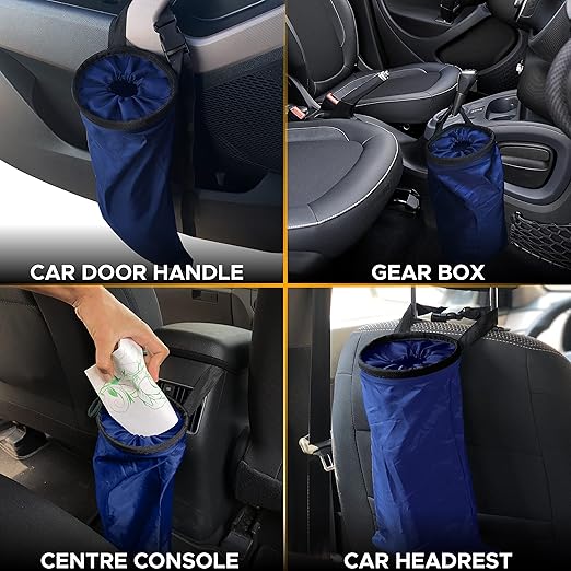 EcoNour 2 Pack Blue Car Trash Bag | Washable Back Seat Hanging Bag with Elastic Opening & Easy Mount | Garbage Can with Waterproof Oxford Material | Accessories for Camping, Traveling & Outdoor