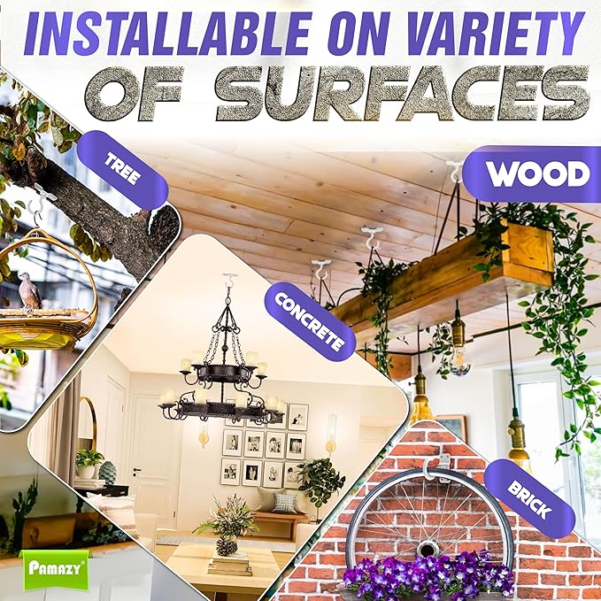 [Upgraded] 200LBS 8Pcs Rotatable Ceiling Hooks with 4 Screw Points Plate Base, White Wall Mount Metal Hanger for Hanging Plants, Bird Feeders, Lanterns, Lights, Wind Chimes, Indoor Outdoor Decor