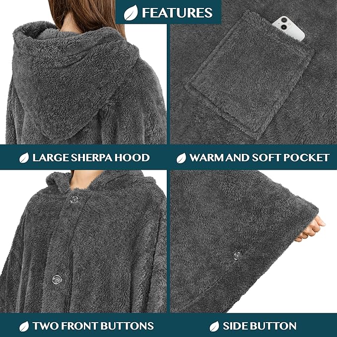 PAVILIA Angel Wrap Hooded Blanket Poncho, Wearable Blanket Throw Wrap Poncho for Women Adult, Cozy Fluffy Sherpa Fleece Shawl Cape with Hood pockets, Warm Gift for Mom Wife, Dark Gray