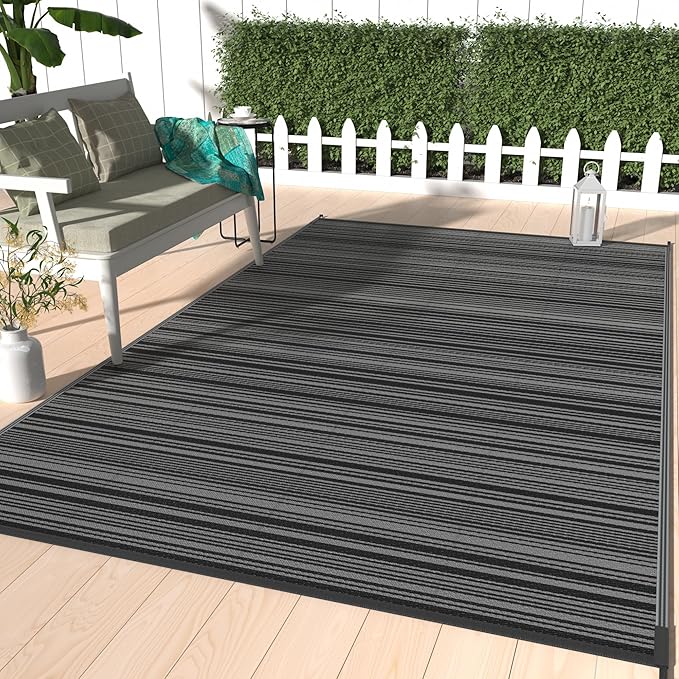 GENIMO Outdoor Rug for Patio Clearance, 8'x10' Waterproof Camping Mat, Reversible Plastic Straw Rugs for RV, Camper, Balcony, Backyard, Picnic, Deck (Black&Grey)