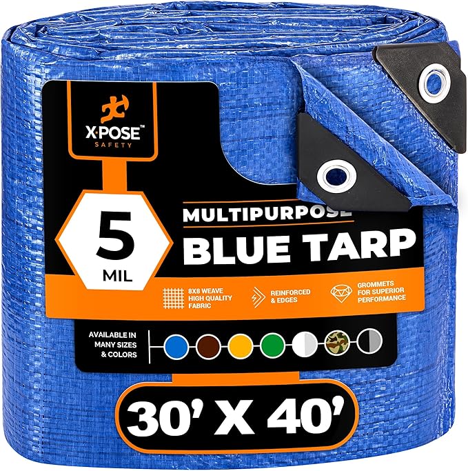 Better Blue Poly Tarp 30' x 40' - (Cut Size) Multipurpose Protective Cover - Lightweight, Durable, Waterproof, Weather Proof - 5 Mil Thick Polyethylene - by Xpose Safety