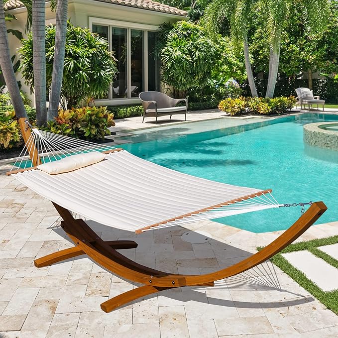 Lazy Daze Hammocks 12 FT Double Quilted Fabric Hammock and 13 FT Brown Wooden Arc Stand, with Spreader Bar, Removable Pillow, 2 Person Hammock for Outdoor Patio Poolside, 450 lb Capacity, Brown