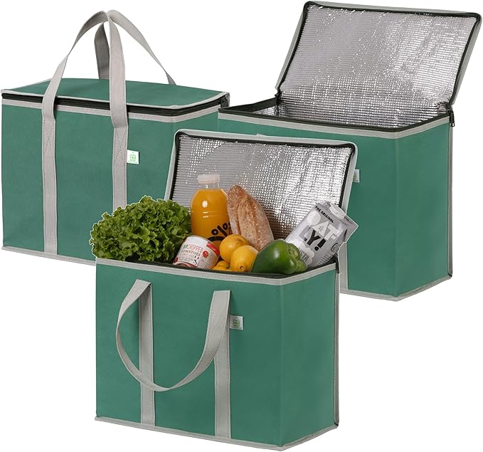 VENO 3 Pack Cooler Bag Insulated Reusable Grocery Shopping Bag, Food Delivery, Heavy Duty, Large Size, Durable Handles, Double Zippers, Lid, Collapsible (Green, 3 Pack)