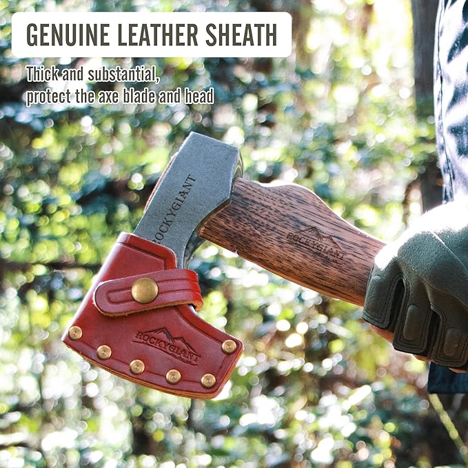 ROCKYGIANT 13'' Camping Axe with Sheath, Hand Forged Hatchet for Wood Chopping,Spling and Kindling, Brushcraft Axe for Outdoor Survival and Garden, Hickory Wood Handle