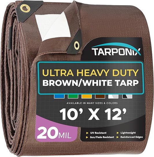 10' x 12' Ultra Heavy Duty Tarp – 20 Mil Brown/White Waterproof Outdoor Cover, UV Protection, Reinforced Corners, Ideal for Camping, Tent, and Outdoor Use