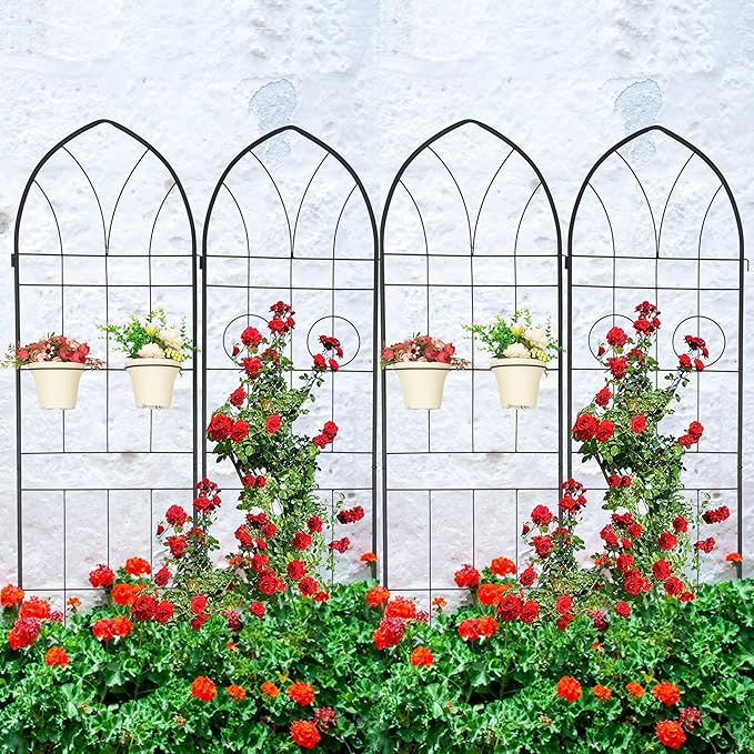 4 Pack Metal Garden Trellis 78.7" H Garden Fence Rustproof Trellis for Climbing Plants Support Roses Flower Outdoor Lawn Black