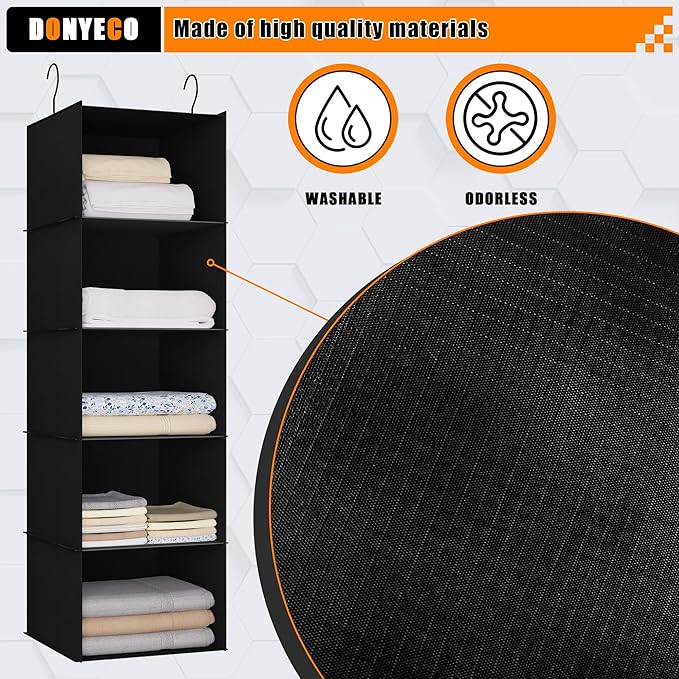 Hanging Closet Organizer and Storage 5-Shelf, Easy Mount Foldable Hanging Closet Wardrobe Shelves, Clothes Handbag Shoes Accessories Storage, Washable Oxford Cloth Fabric, Black