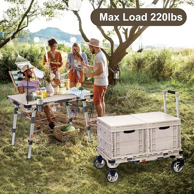 LEADALLWAY 3-in-1 Multi-Purpose Camping Table Wagon Portable Outdoor Platform Truck, Dolly & Utility Cart with 5.4" Wheels