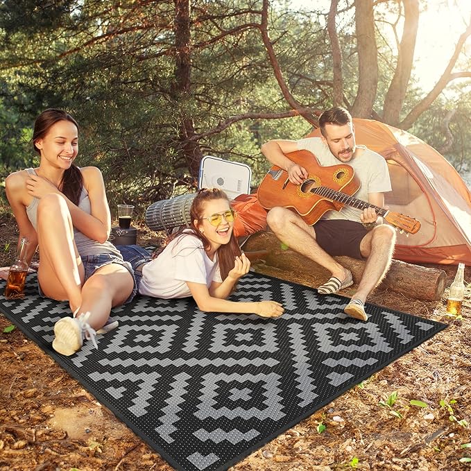 GENIMO Outdoor Rugs 3x5 Waterproof, Reversible Mats, Outdoor Area Rug, Plastic Outside Carpet, Eeometric Rv Mat for Patio Camping Rv Picnic Backyard Deck Balcony Porch Beach Trailer (Black & Grey)