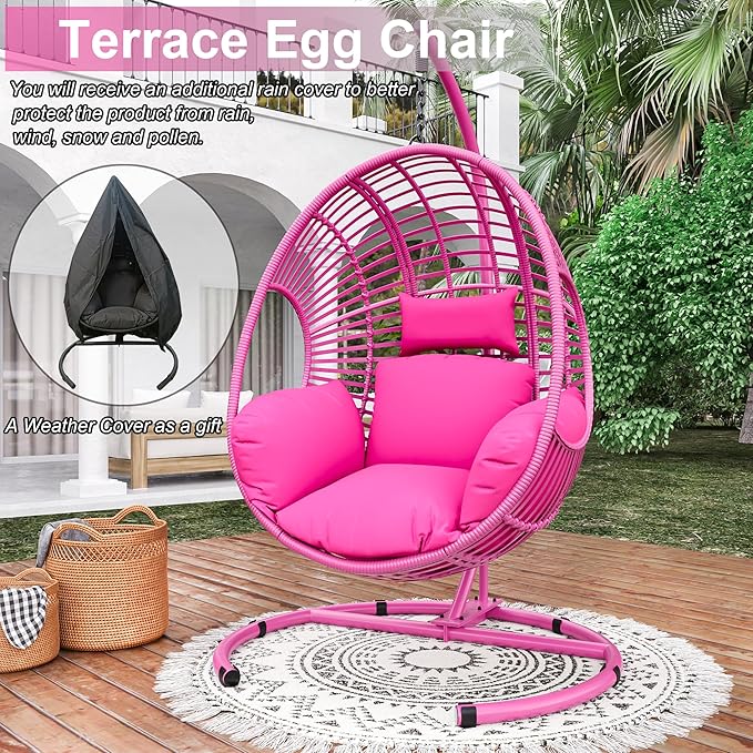 Hanging Egg Chair with Stand - Egg Swing Chair Outdoor Indoor Patio Wicker Chair Swing Hammock Egg Chairs 400lbs Capacity for Outside Patio, Bedroom, Garden and Balcony (Pink, 2P)