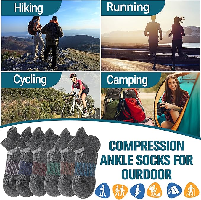 6 Pairs Merino Wool Ankle Running Hiking Socks Compression Support Breathable Thick Cushion No Show Socks for Women Men