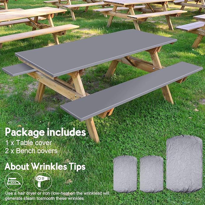 3 Pcs Picnic Table and Bench Fitted Tablecloth Cover for 6 Ft Table 30 x 72 Inch Vinyl Fitted Elastic Edges Waterproof Wipeable Tablecloth for Indoor Outdoor Travel Picnics Patio Camping (Grey)