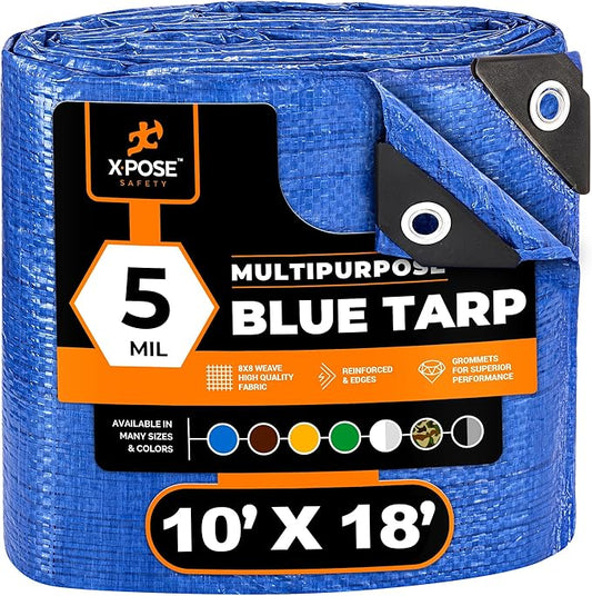 Better Blue Poly Tarp 10' x 18' - Multipurpose Protective Cover - Lightweight, Durable, Waterproof, Weather Proof - 5 Mil Thick Polyethylene - by Xpose Safety