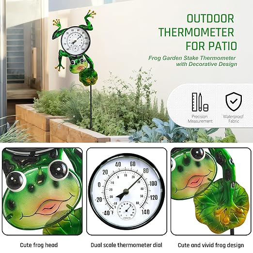 Outdoor Thermometer for Patio - Frog Garden Stake Thermometer with Decorative Design - 44 inch Outside Temperature Gauge for Yard - Easy to Read, Durable & Weatherproof - Garden Decor