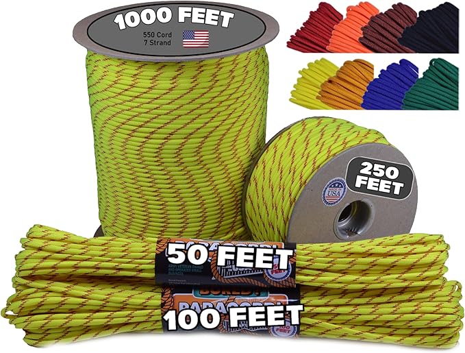 BORED? PARACORD! 550 lb Paracord - Ideal for Crafting, Camping, DIY Projects, Active & Military Outdoors - Strong Survival Rope - Tactical Parachute Cord Type III - Fast Pitch 250 Feet