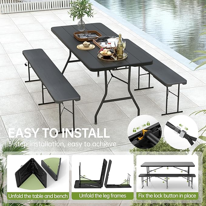 Real Relax 6' Picnic Table with 2 Benches, 3 Piece Black Wood Grain Portable HDPE Folding Camping Table and Benches for Courtyard, Garden, Outdoor Leisure, Party