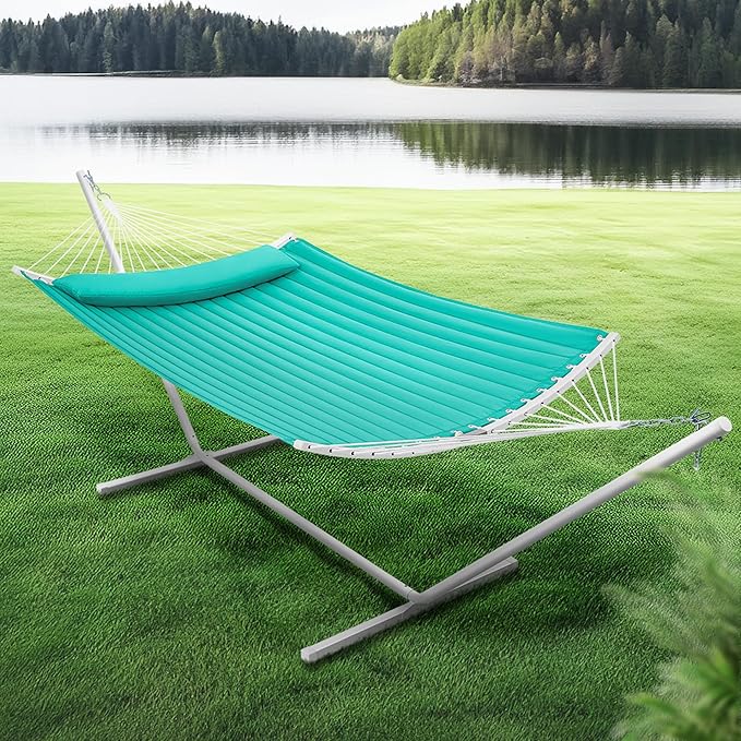 SUPERJARE Hammock with Stand, 2 Person Heavy Duty Hammock with Padded Cotton, Detachable Pillow & Strong Curved-Bar & Portable Carrying Bag, Perfect for Outdoor & Indoor, Turquoise