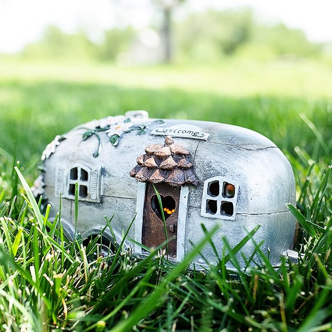 Exhart Garden Sculpture, Solar Vintage Camping Trailer Garden Statue, LED Lights, Outdoor Garden Decoration, 5 x 10 x 6 Inch
