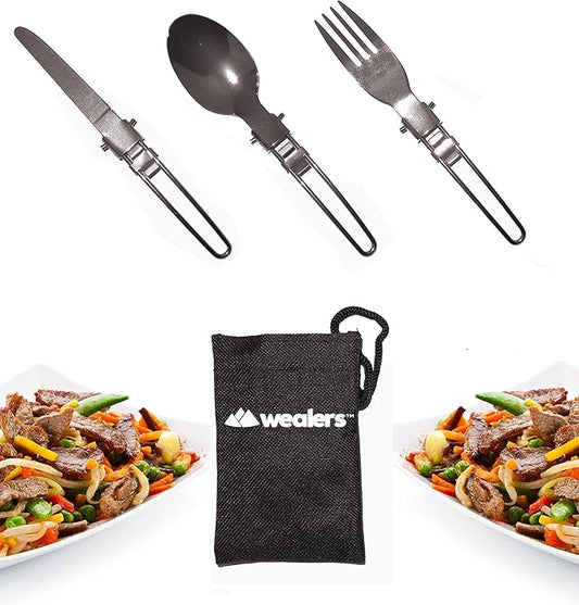 Wealers Stainless Steel 3 Piece Folding Camping Picnic Cutlery Utensil Set, Spoon Fork Knife,