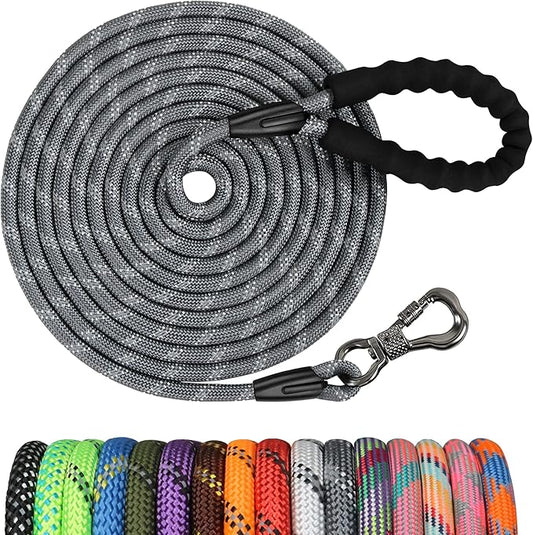 NTR Long Dog Leash, 20FT Check Cord with Swivel Lockable Hook and Comfortable Padded Handle for Reflective Dog Leash for Small Medium and Large Dogs Walking Training Hiking Camping Playing Grey