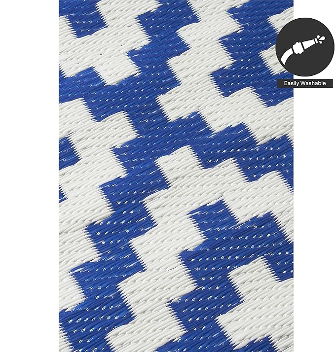 FH Home Outdoor Rug - Waterproof, Fade Resistant, Reversible - Premium Recycled Plastic - Geometric - Large Patio, Deck, Sunroom, Camping, RV - Aztec - Blue & White Crease Free - 6 x 9 ft