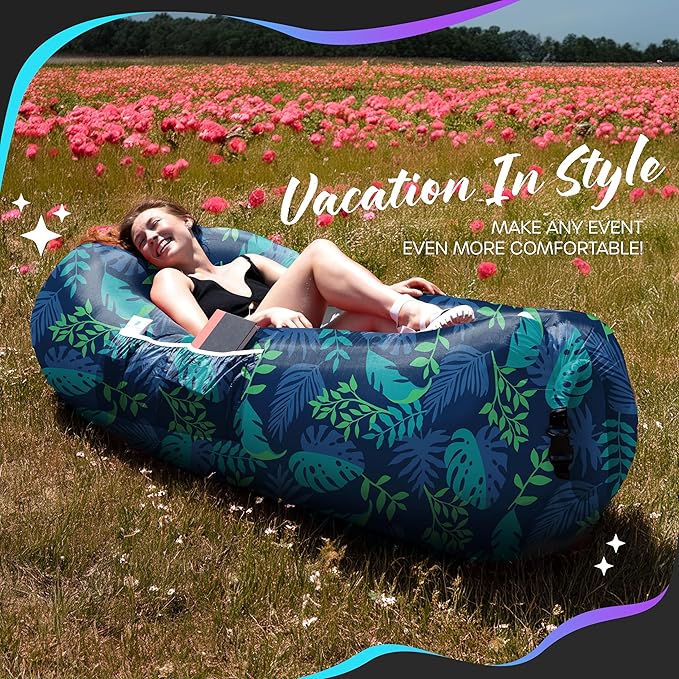 Nevlers Inflatable Lounger | 210T Polyester Inflatable Chair | No-Pump Blow Up Couch | Camping Couch Air Sofa Bed w/ 450 lbs. Cap., Pockets & Matching Bag | Use as Inflatable Couch for Adults & Kids