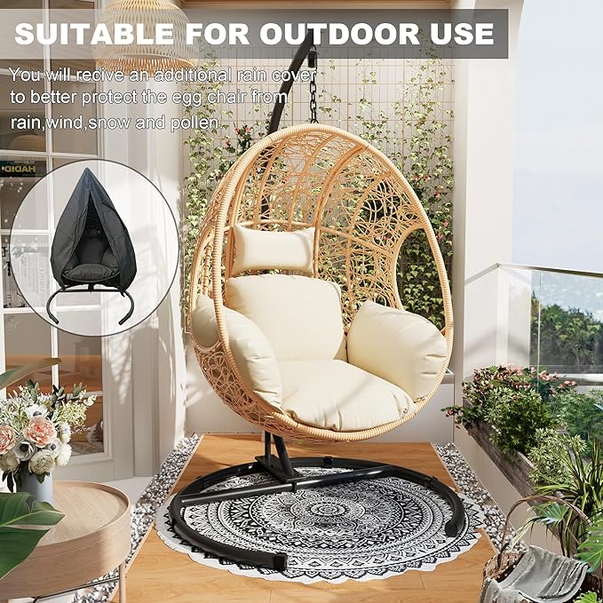 Oversized Hanging Egg Chair Set of 2 Outdoor Indoor, Wicker Swing Egg Chair with Stand 400lbs Capacity for Bedroom, Patio, Garden and Balcony