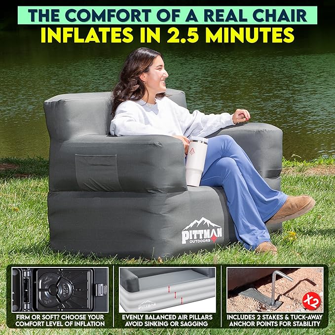 Pittman - Inflatable Chair for Camping with Built in Pump - Portable Inflatable Couch for Adults Holds 350lb's - Blow Up Chair for Movie Nights, Outdoor Blow up Furniture or Air Sofa for Camping