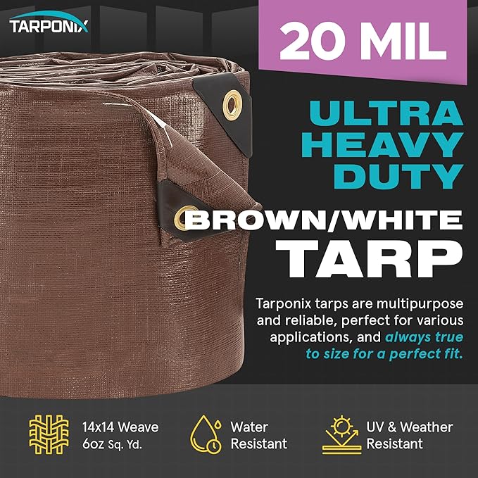 20' x 20' Ultra Heavy Duty Tarp – 20 Mil Brown/White Waterproof Outdoor Cover, UV Protection, Reinforced Corners, Ideal for Camping, Tent, and Outdoor Use