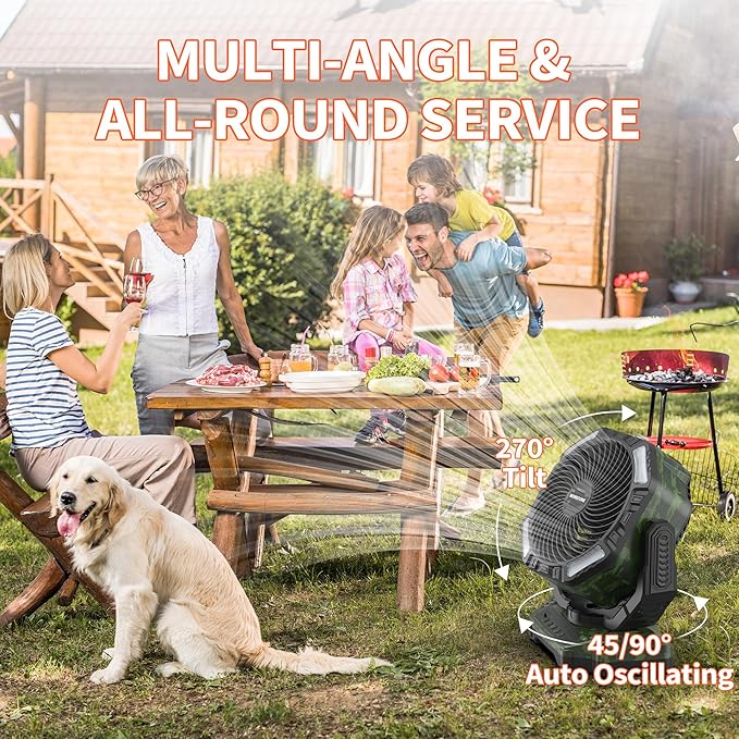 MORECORE 40000mAh Battery Operated Camping Fan with Light, 120HRS Running, Powerful 4 Speeds & Auto Oscillating, with Timer & Hook, for Travel Tent RV Emergency Hurricane Jobsite Garage-Camo Green