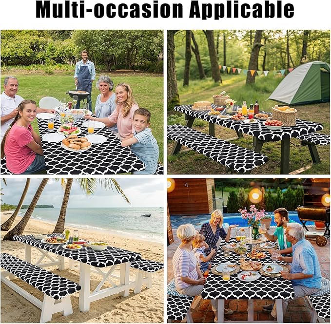 Smiry Picnic Table Cover with Bench Covers, Waterproof Elastic Fitted Tablecloth for 8 Foot Tables, Washable Polyester Tablecloths for Camping, Indoor & Outdoor (Black Morocco, 30x96 Inch 3-pc Set)