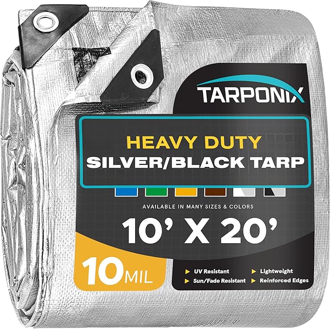 10' x 20' Dual-Sided Heavy-Duty Tarp – 10 Mil Tear-Resistant Silver & Black Cover with Reinforced Edges and Anti-Rust Grommets