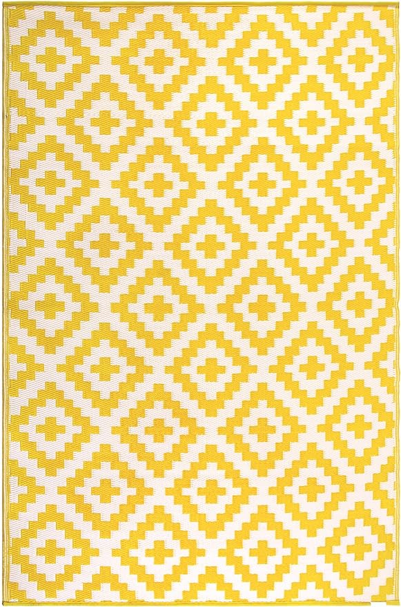 FH Home Outdoor Rug - Waterproof, Fade Resistant, Reversible - Premium Recycled Plastic - Geometric - Patio, Porch, Deck, Balcony - Aztec - Yellow & White Crease Free - 5 x 8 ft
