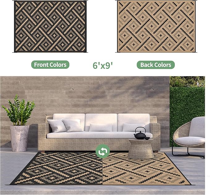 GENIMO Outdoor Rug for Patio Clearance, 6'x9' Waterproof Camping Mat, Reversible Plastic Straw Rugs for RV, Camper, Balcony, Backyard, Picnic, Deck (Mix Black Brown)