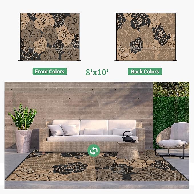 GENIMO Outdoor Rug Waterproof for Patio Decor, 8' x 10' Reversible Plastic Straw Floral Camping Carpet, Large Area Rugs Mats for RV, Camper, Deck, Balcony, Porch, Beach, Picnic, Mix-Black & Brown