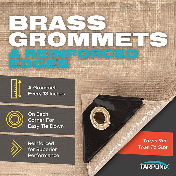 12' x 20' Extra Heavy-Duty Tan Poly Tarp – 12 Mil Thick, Waterproof, UV-Resistant Polyethylene with Reinforced Edges, Double-Stitched Hems, and Rustproof Grommets