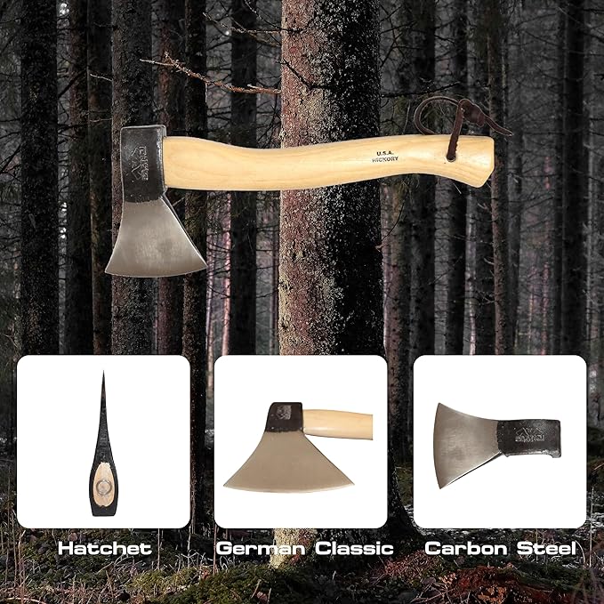 Prandi Axes German C45 Forged Carbon Steel Hatchet - Hickory Handle with Leather String - Ideal for Camping, Travel and Bushcraft - S/N 3.003.08.TH - 15" L x 6.42" W, 800g Polished Head, No Sheath