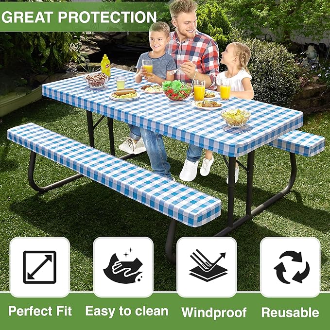Hudson Comfort Picnic Table Cover with Bench Covers – 500 GSM Reusable Heavy Duty Vinyl Outdoor Table Cover - Waterproof Picnic Tablecloth with Carry Case - Blue (72 Inch 6 Feet)
