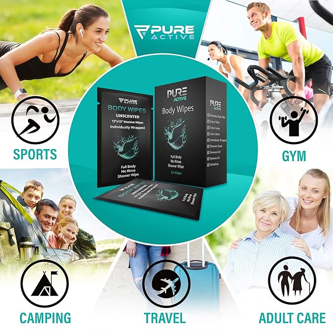 Shower Body Wipes 12"x12", 40 Individually Wrapped Personal Hygiene Body Wipes for Women and Men, Keep Clean After Gym Travel Camping Outdoors Sports, Unscented