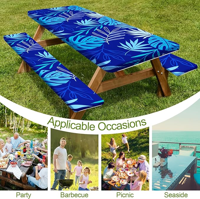 Picnic Table Cover with Bench Covers Camping Essentials Waterproof Windproof Camping Tablecloth with Drawstring Bag, Fitted Rectangle Tables and Seats, 72in, Navy Blue