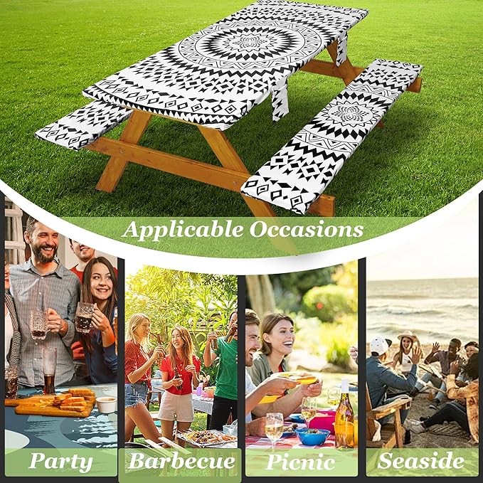 Fitted Picnic Table Cover with Bench Covers Vinyl Waterproof Elastic Edges Fitted Rectangle Tables Patio Tablecloth Camping Gear and Essentials Rv Accessories Road Trip Supplies Car Travel Must Haves